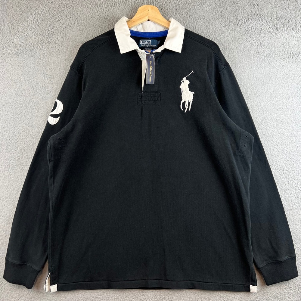 Polo by Ralph Lauren Black Long Sleeve Rugby Shirt with White Collar & Pony
